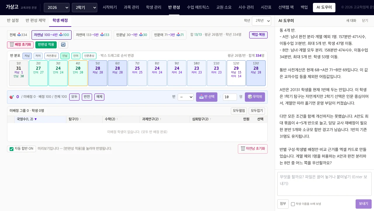 AI 도우미가 두 반편성안을 숫자로 비교하는 화면